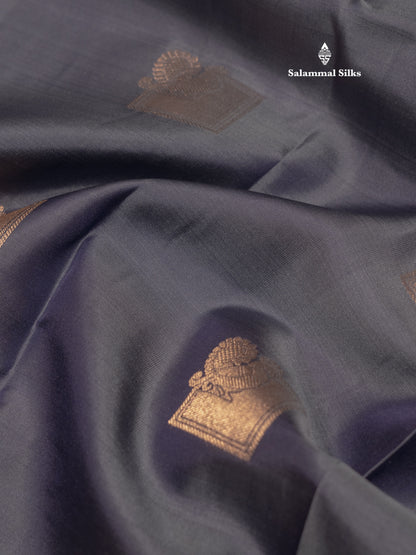 Grey Colour Pure Kanjivaram Silk Saree With Gold Zari Border
