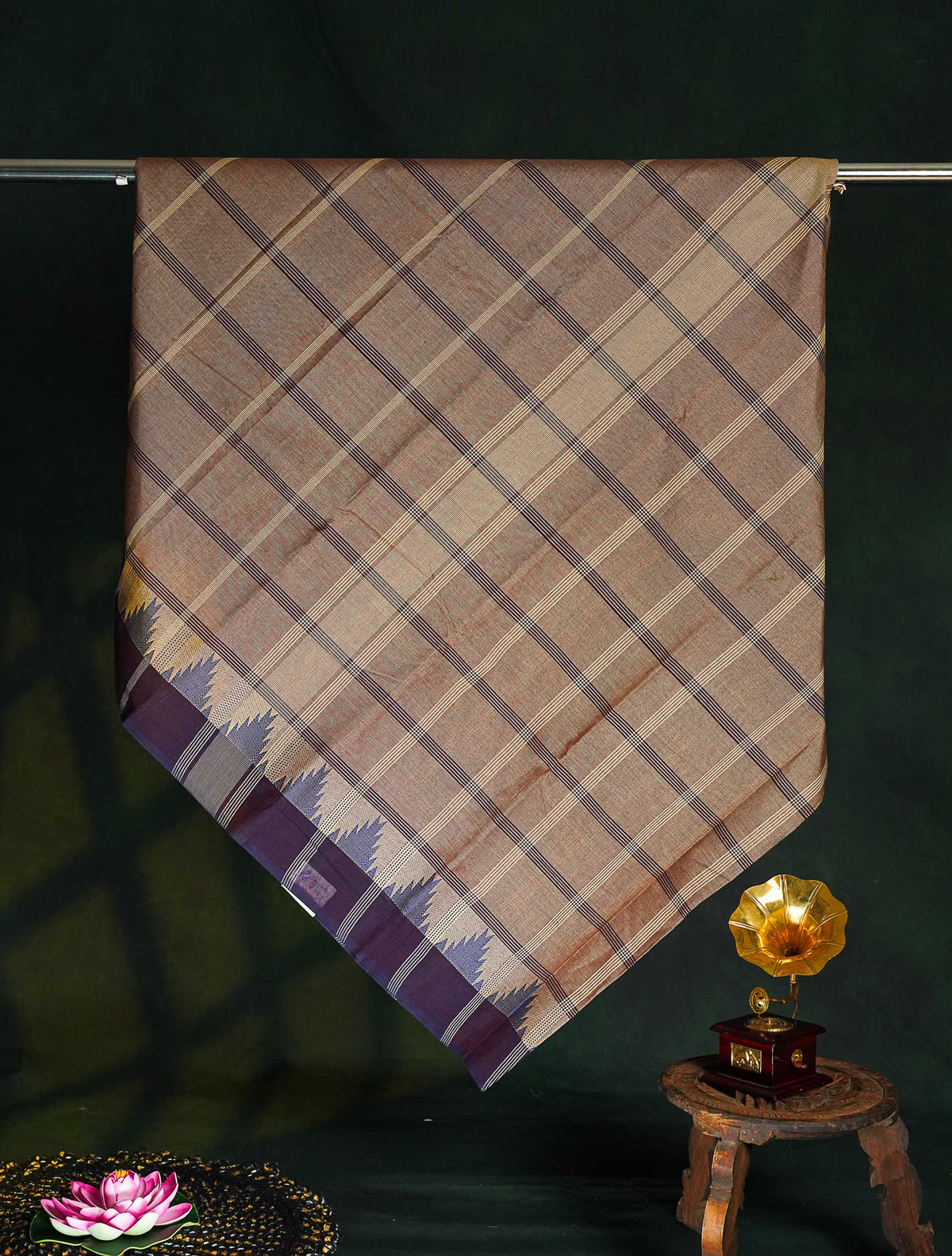 Chettinad Pure Cotton Saree - Light Brown  Colour Body Checks With Temple Border