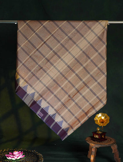Chettinad Pure Cotton Saree - Light Brown  Colour Body Checks With Temple Border