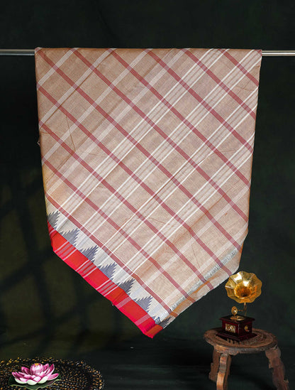 Chettinad Pure Cotton Saree - Beige Colour Body Checks With Temple Border