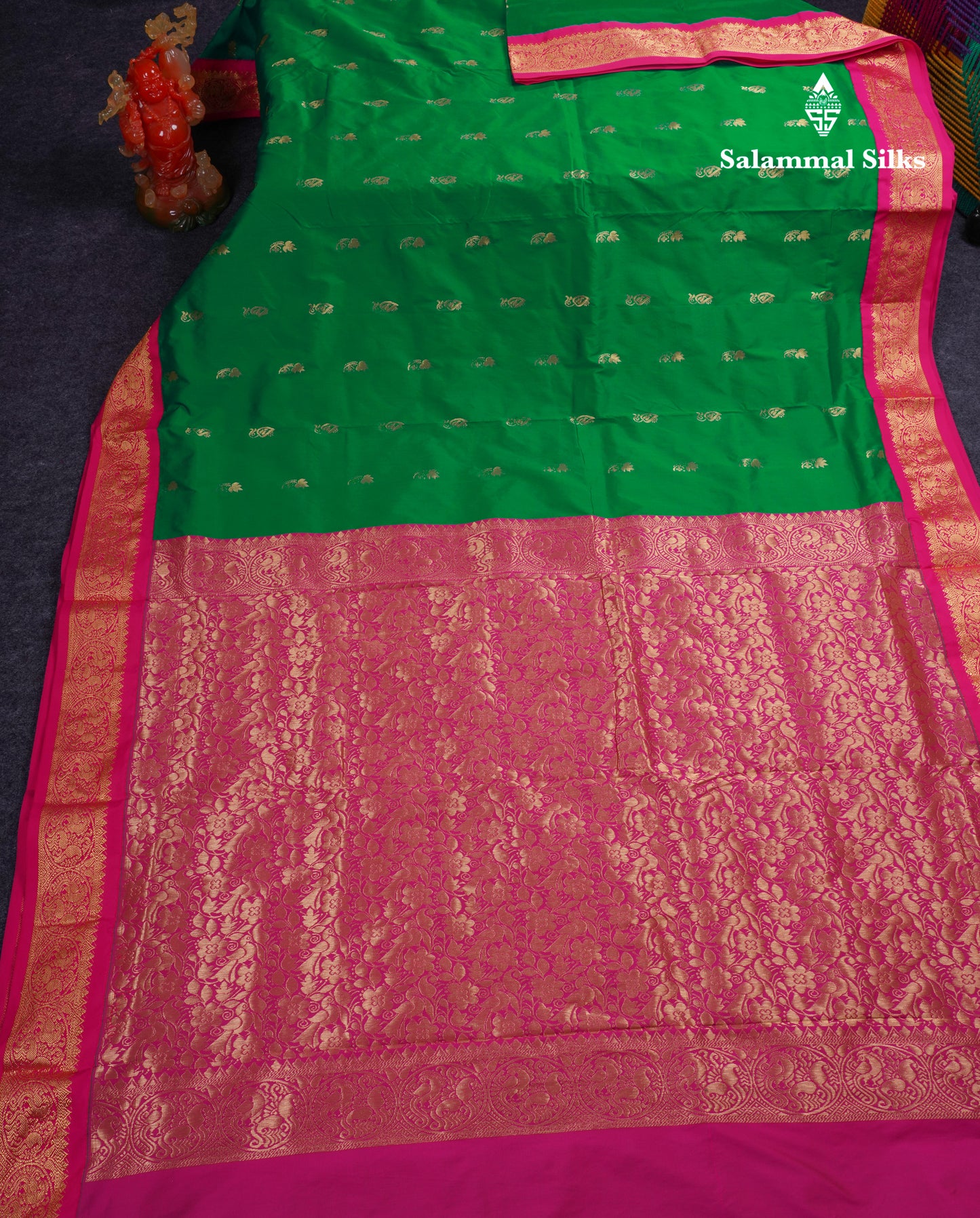 9.5 Yards Semi Silk Saree Bottle Green With Contrast Pink Traditional Border