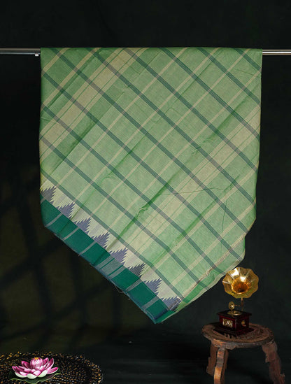 Chettinad Pure Cotton Saree - Light Green Colour Body Checks With Temple Border