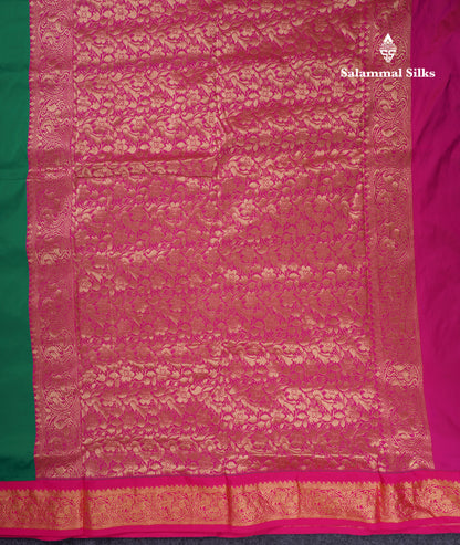 9.5 Yards Semi Silk Saree Bottle Green With Contrast Pink Traditional Border