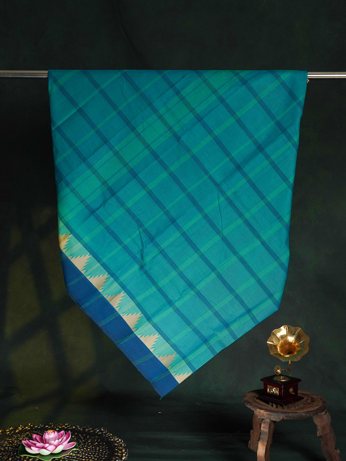 Chettinad Pure Cotton Saree - Teal Blue Colour Body Checks With Temple Border
