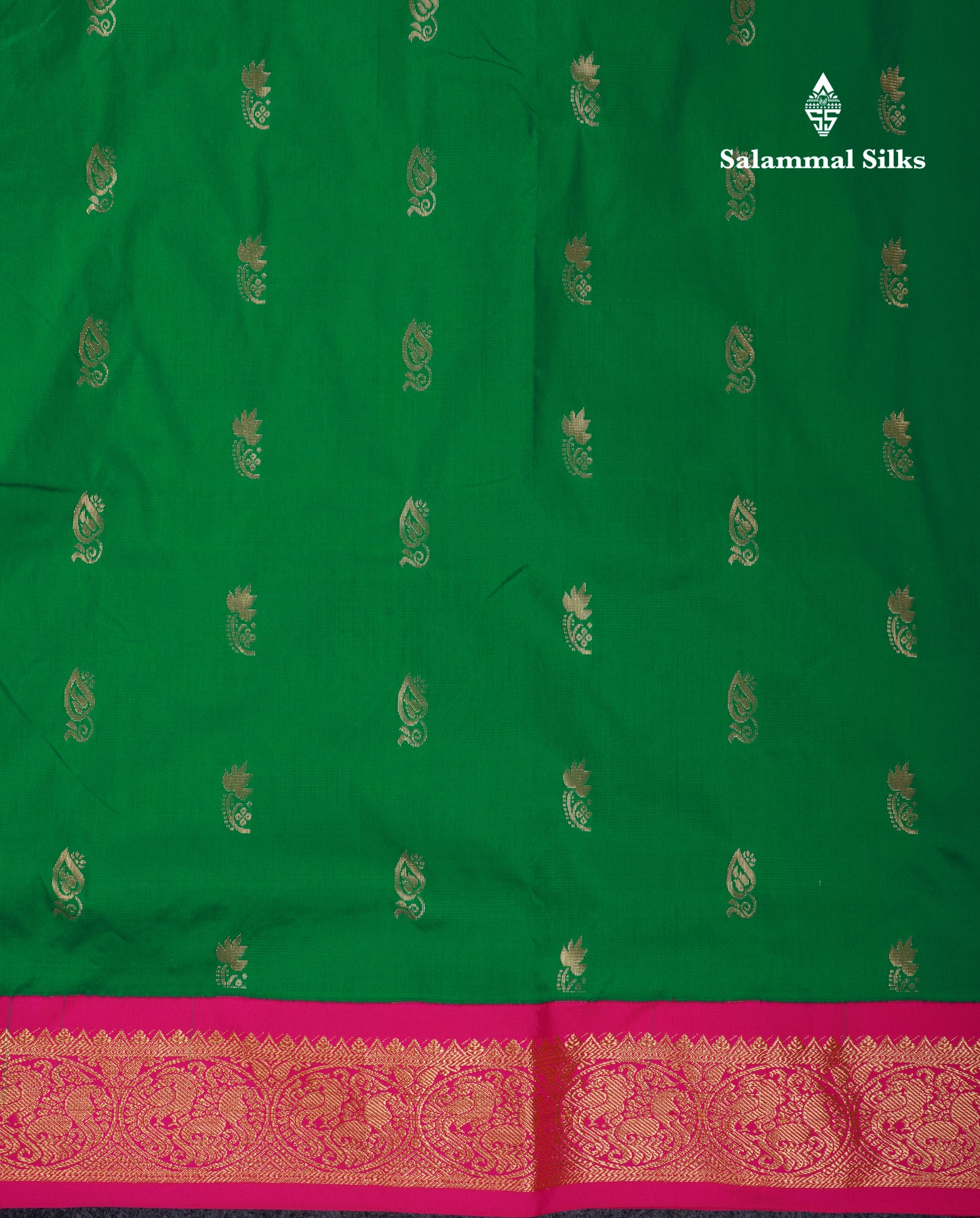 9.5 Yards Semi Silk Saree Bottle Green With Contrast Pink Traditional Border