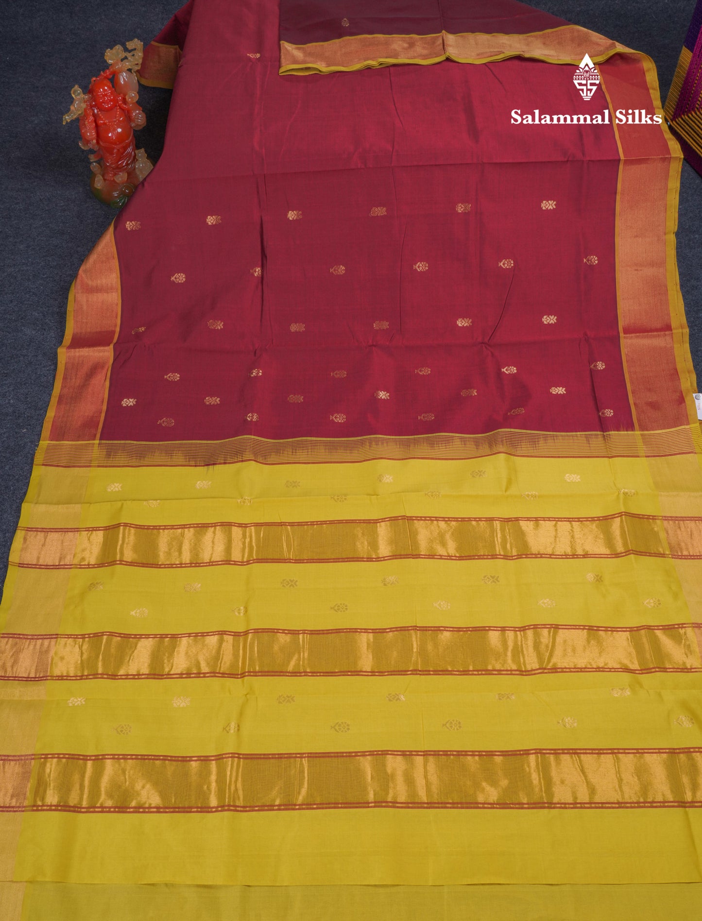 Beautiful Dark Maroon Semi Silk Cotton Saree With Contrast Manthulir Yellow Blouse