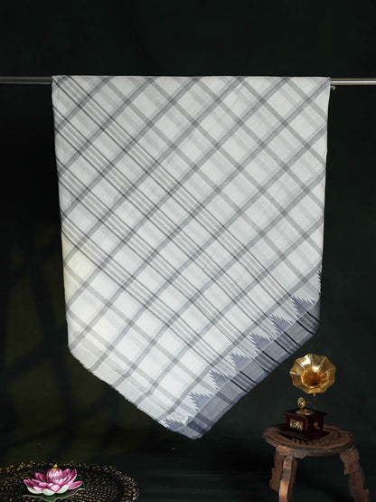 Chettinad Pure Cotton Saree - White Colour Body Checks With Temple Border