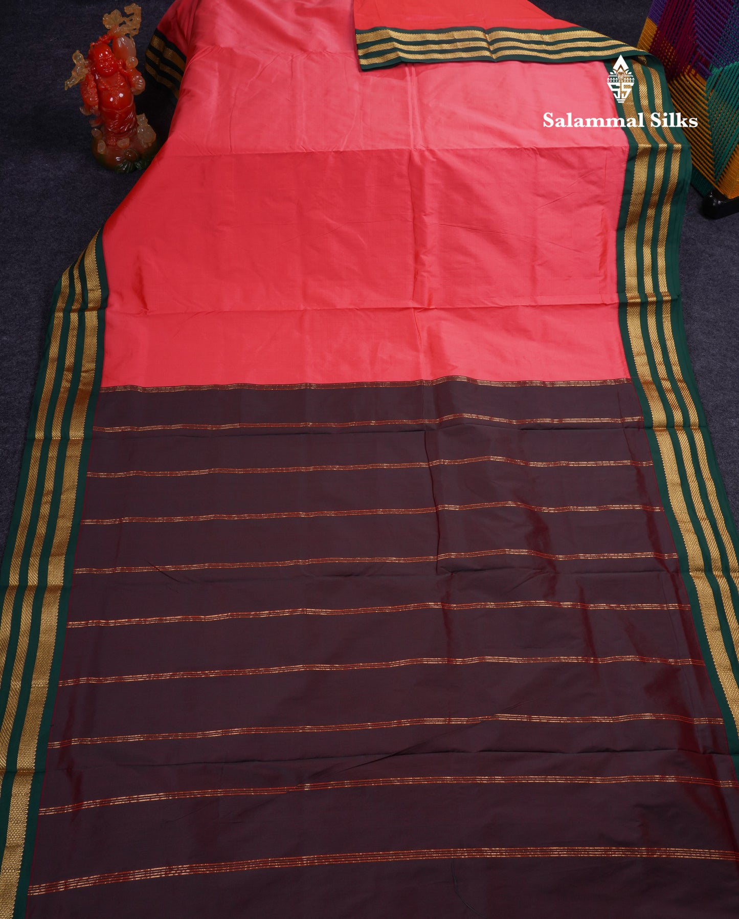 9.5 Yards Semi Silk Saree Peacock Green With Contrast Pink Traditional Border