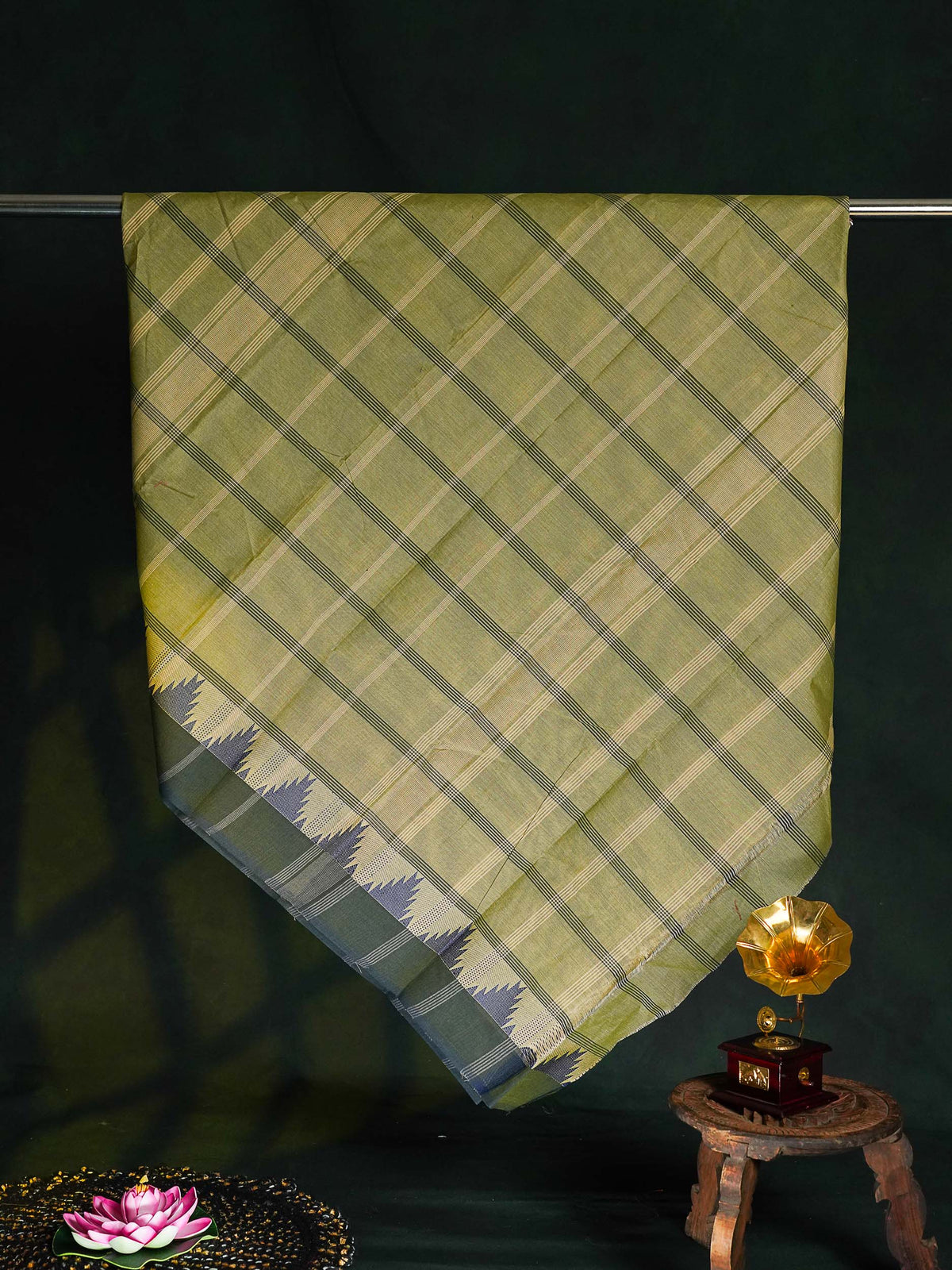 Chettinad Pure Cotton Saree - Pista Green Colour Body Checks With Temple Border