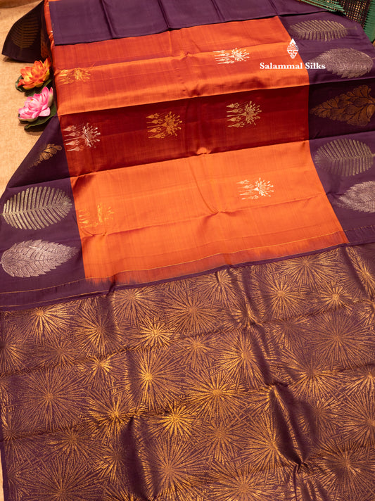 Rust Colour Pure Kanjivaram Silk Saree with Violet Long Size Border