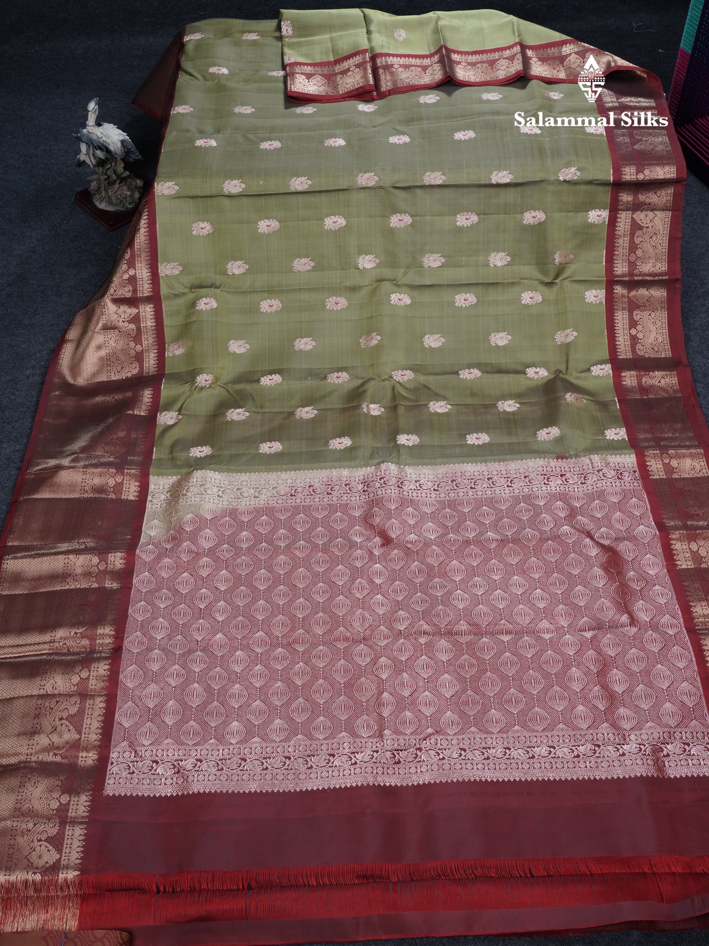 Olive Green Meenakari Work Puremix Silk Saree With Contrast Maroon Border