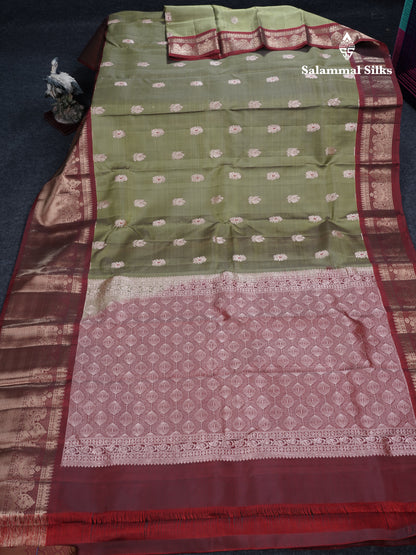 Olive Green Meenakari Work Puremix Silk Saree With Contrast Maroon Border