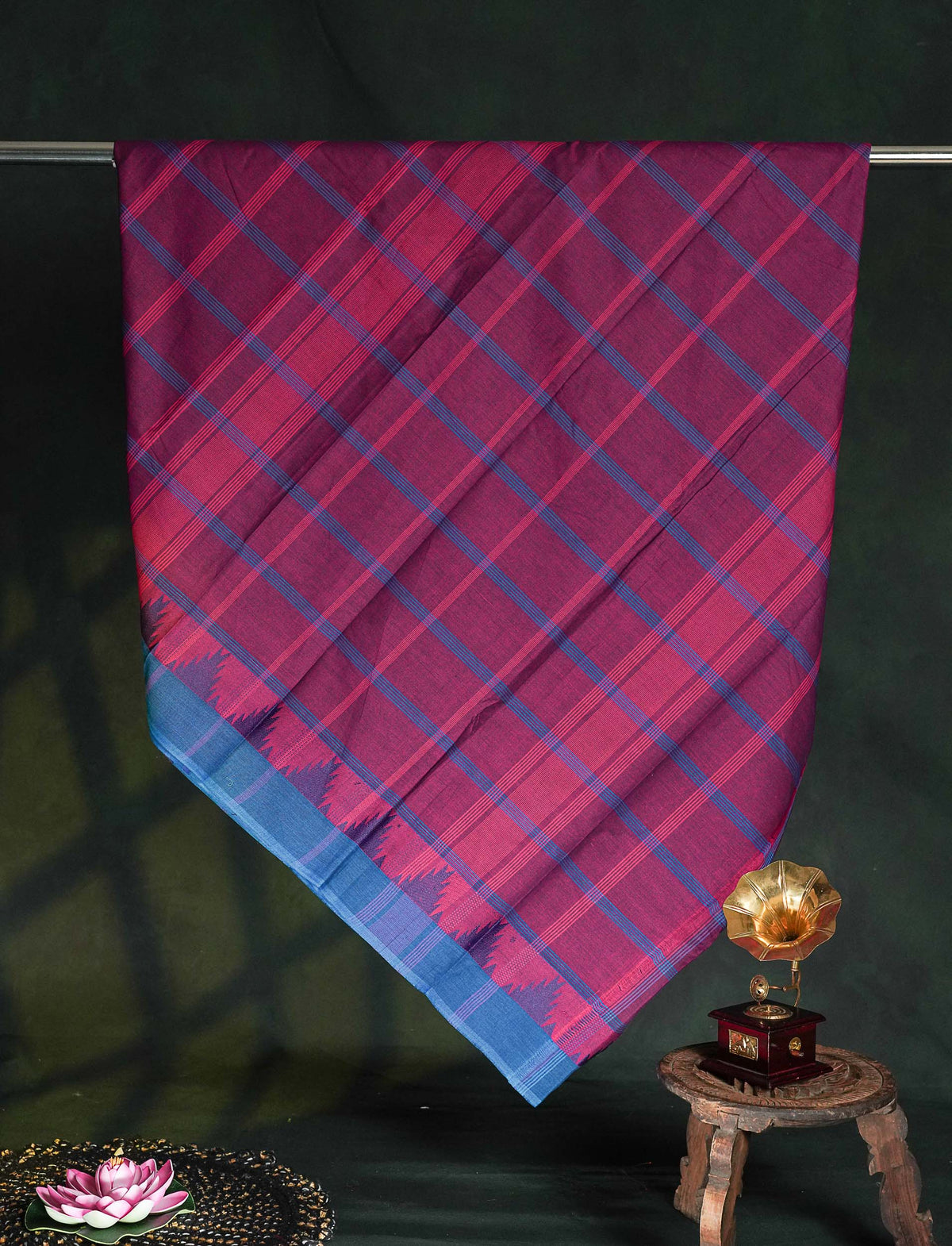 Chettinad Pure Cotton Saree - Magenta Colour Body Checks With Temple Border