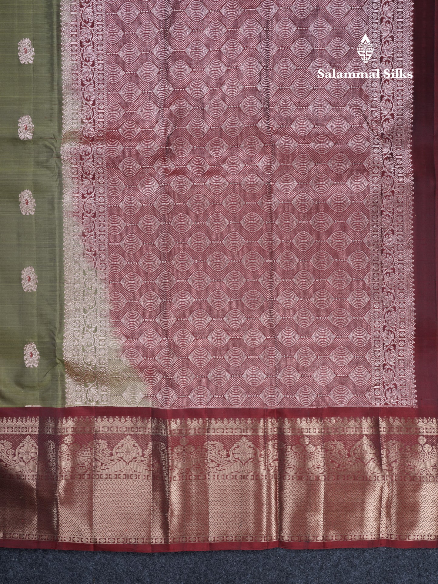 Olive Green Meenakari Work Puremix Silk Saree With Contrast Maroon Border