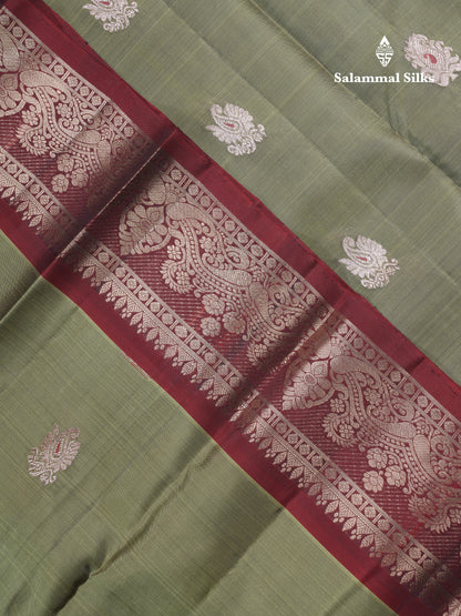 Olive Green Meenakari Work Puremix Silk Saree With Contrast Maroon Border