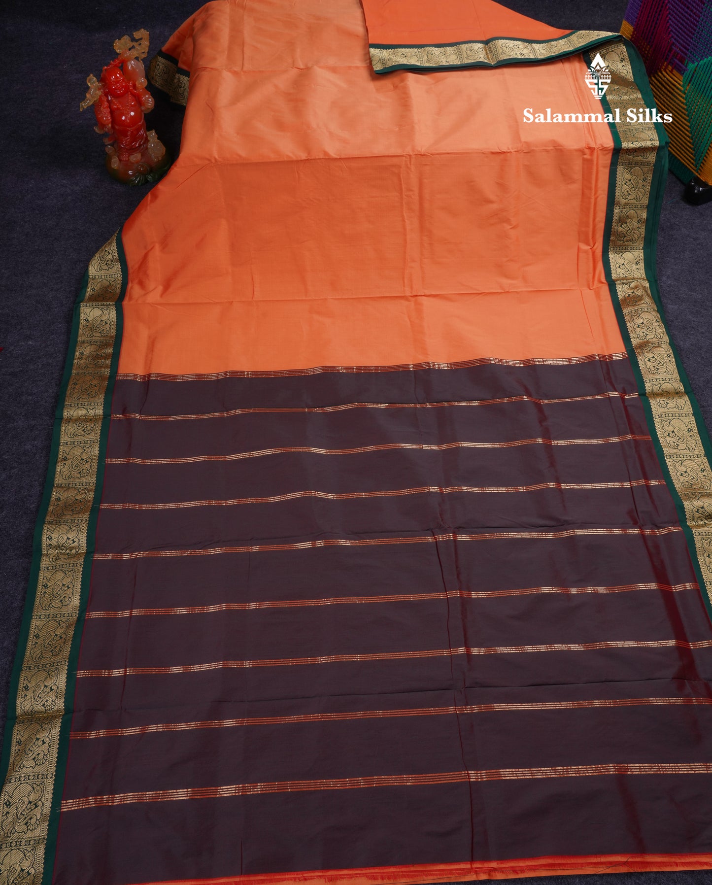 9.5 Yards Semi Silk Saree Light Orange With Contrast Bottle Green Traditional Border
