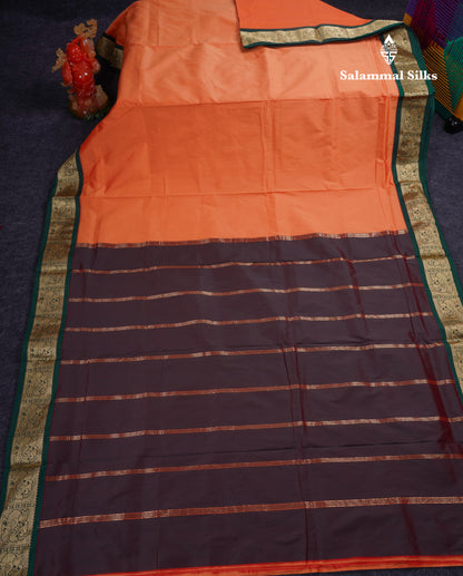 9.5 Yards Semi Silk Saree Light Orange With Contrast Bottle Green Traditional Border