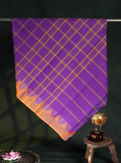 Chettinad Pure Cotton Saree - Purple Colour Body Checks With Temple Border