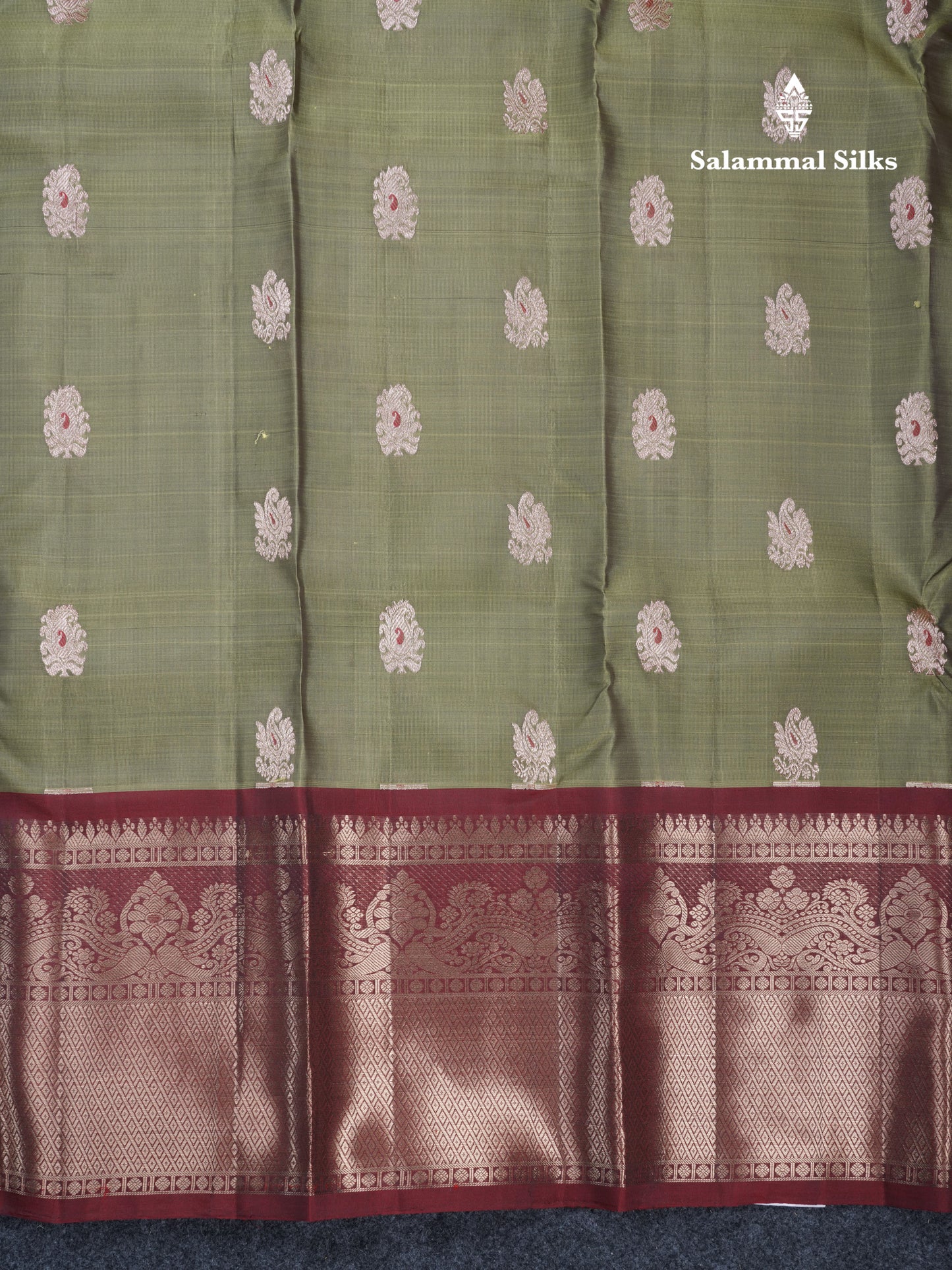 Olive Green Meenakari Work Puremix Silk Saree With Contrast Maroon Border