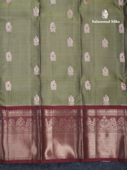 Olive Green Meenakari Work Puremix Silk Saree With Contrast Maroon Border