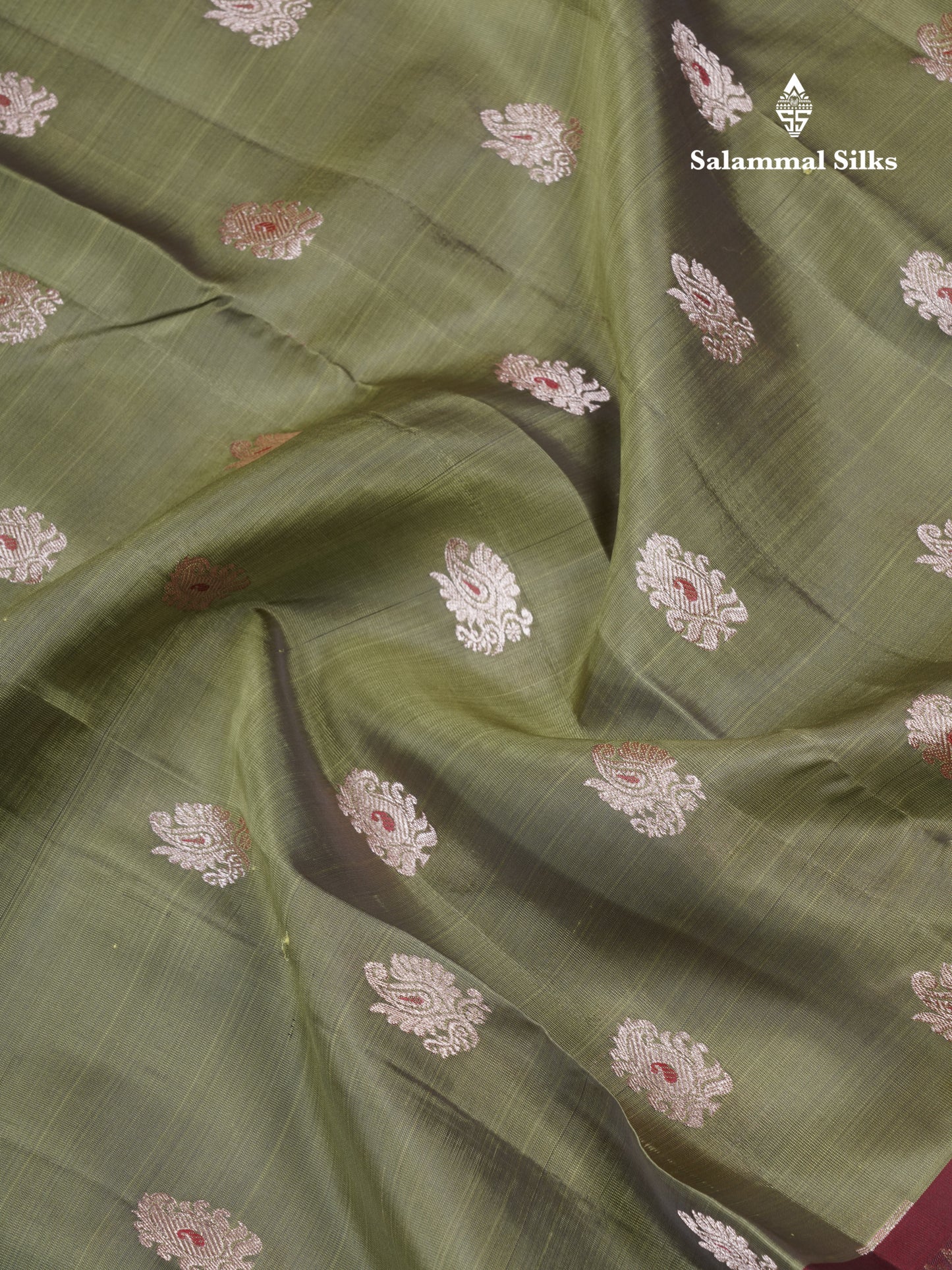 Olive Green Meenakari Work Puremix Silk Saree With Contrast Maroon Border