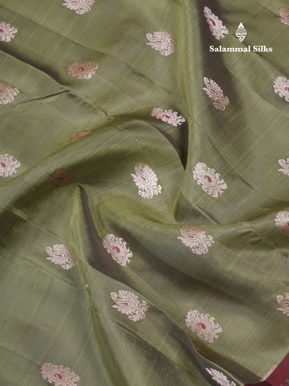 Olive Green Meenakari Work Puremix Silk Saree With Contrast Maroon Border