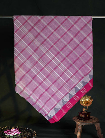 Chettinad Pure Cotton Saree - Light  Pink Colour Body Checks With Temple Border