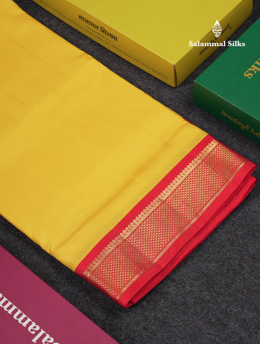 Korvai Beautiful Yellow 10 Yards Pure Silk Saree With (4.1 inch) Contrast Chilly Red Traditional Border