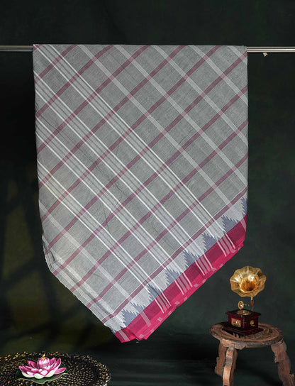 Chettinad Pure Cotton Saree - Grey Colour Body Checks With Temple Border