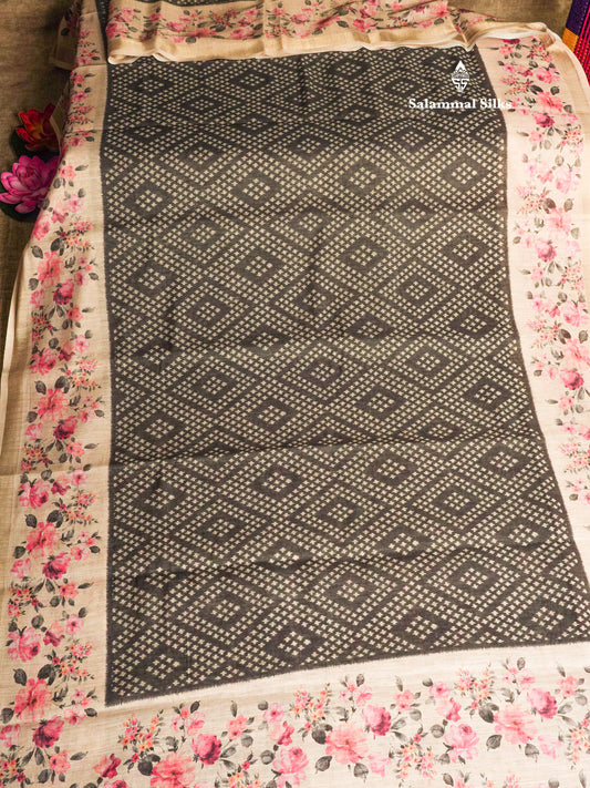 Grey Colour Mixed Cotton Patola Print Saree With Floral Print Border