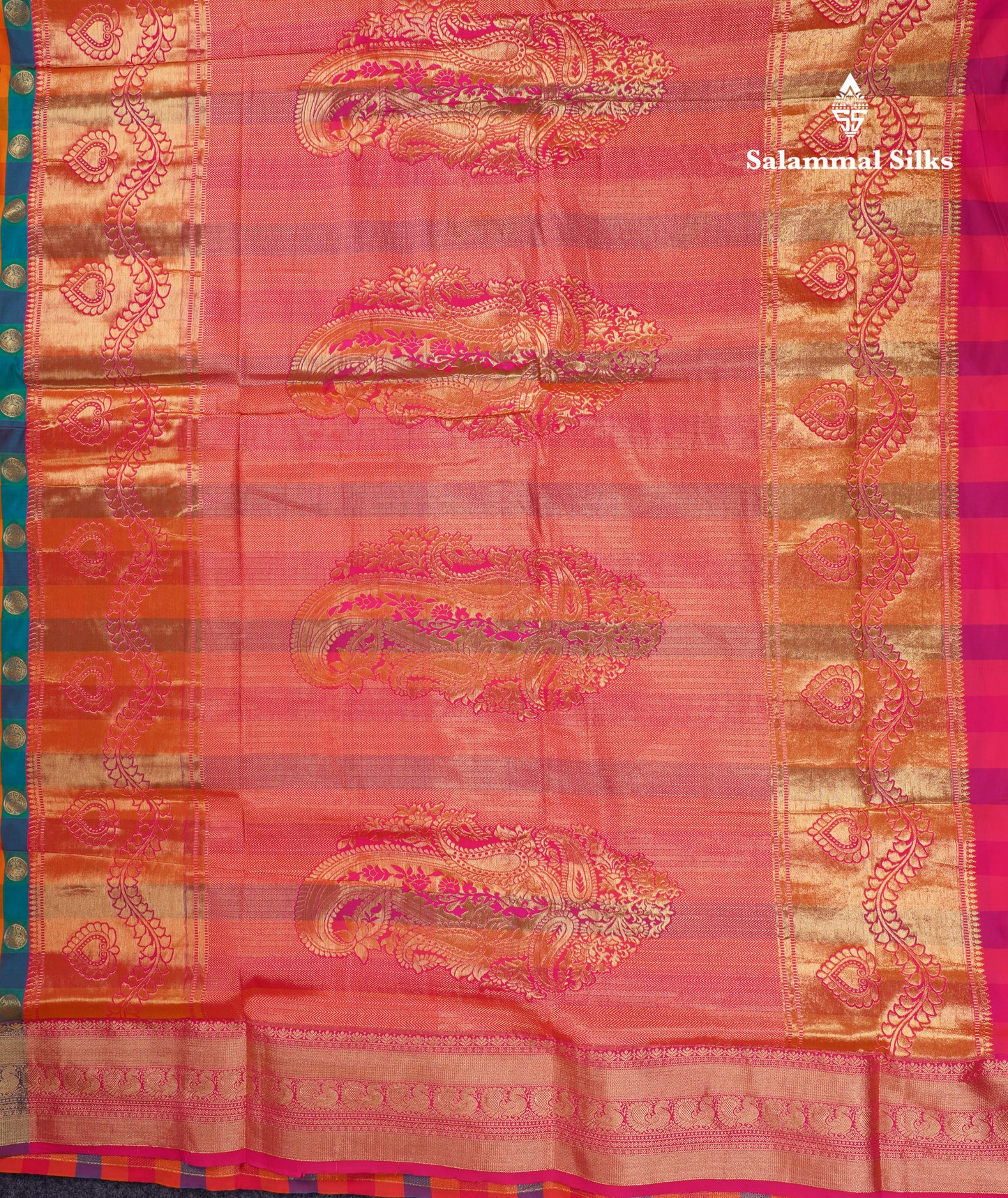 9.5 Yards Semi Silk Saree Paalum Pazham Checks With Contrast Pink Traditional Border