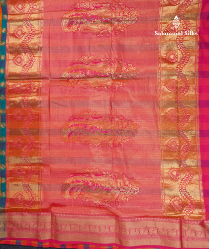 9.5 Yards Semi Silk Saree Paalum Pazham Checks With Contrast Pink Traditional Border
