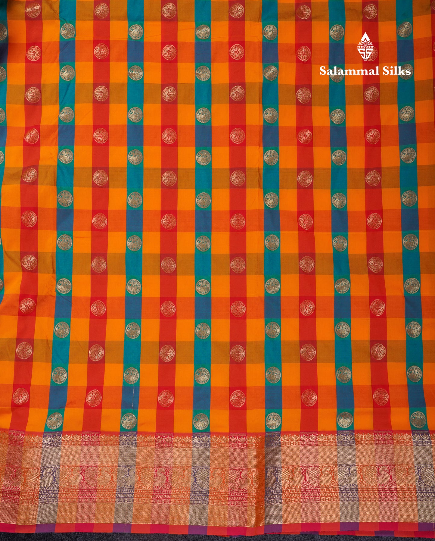9.5 Yards Semi Silk Saree Paalum Pazham Checks With Contrast Pink Traditional Border