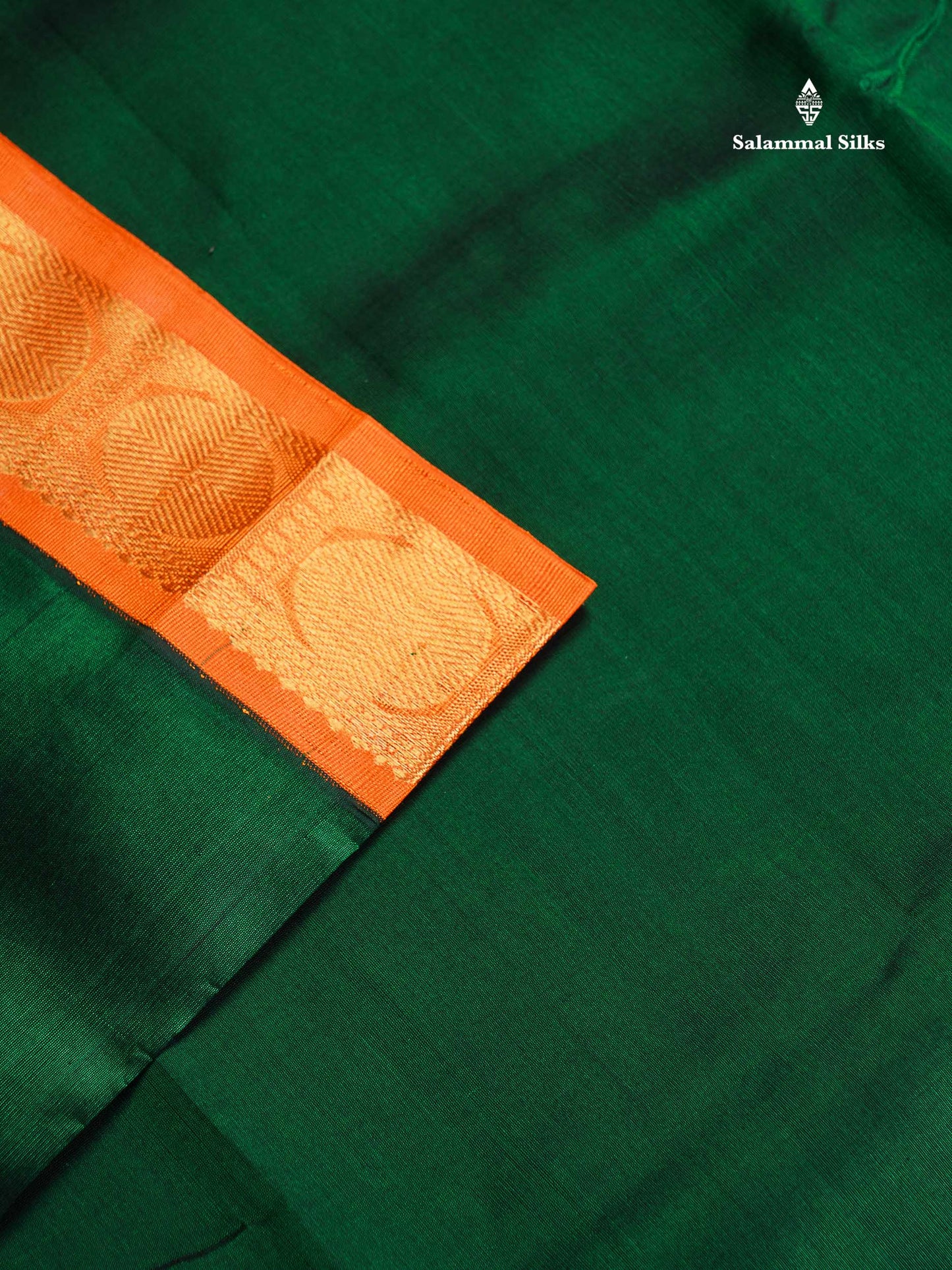 Korvai Pure Silk Cotton Saree - Bottle Green Colour Body Plain With Contrast Orange Border | 10 Yards