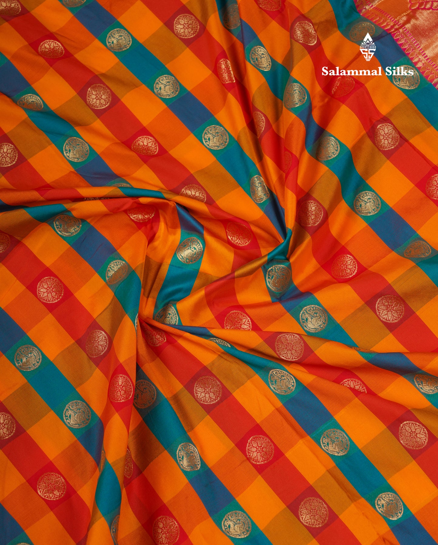 9.5 Yards Semi Silk Saree Paalum Pazham Checks With Contrast Pink Traditional Border