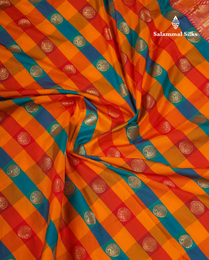 9.5 Yards Semi Silk Saree Paalum Pazham Checks With Contrast Pink Traditional Border