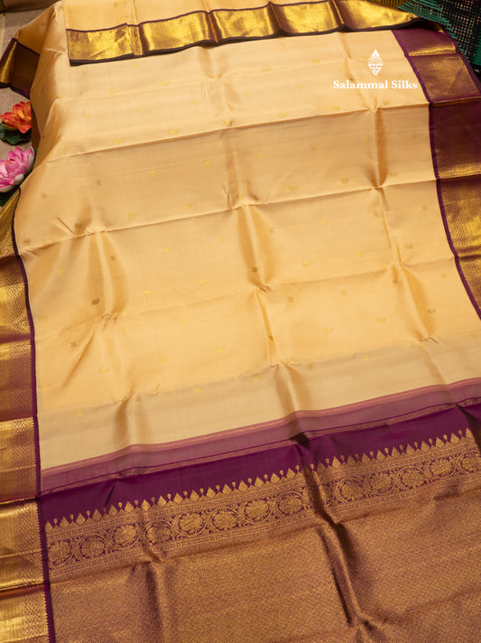Sandal Colour Pure Kanjivaram Silk Saree with Violet Border