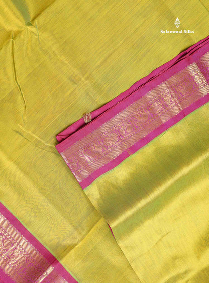 Korvai Pure Silk Cotton Saree - Manthulir Green Colour Body Plain With Pink Shade Traditional Border | 10 Yards