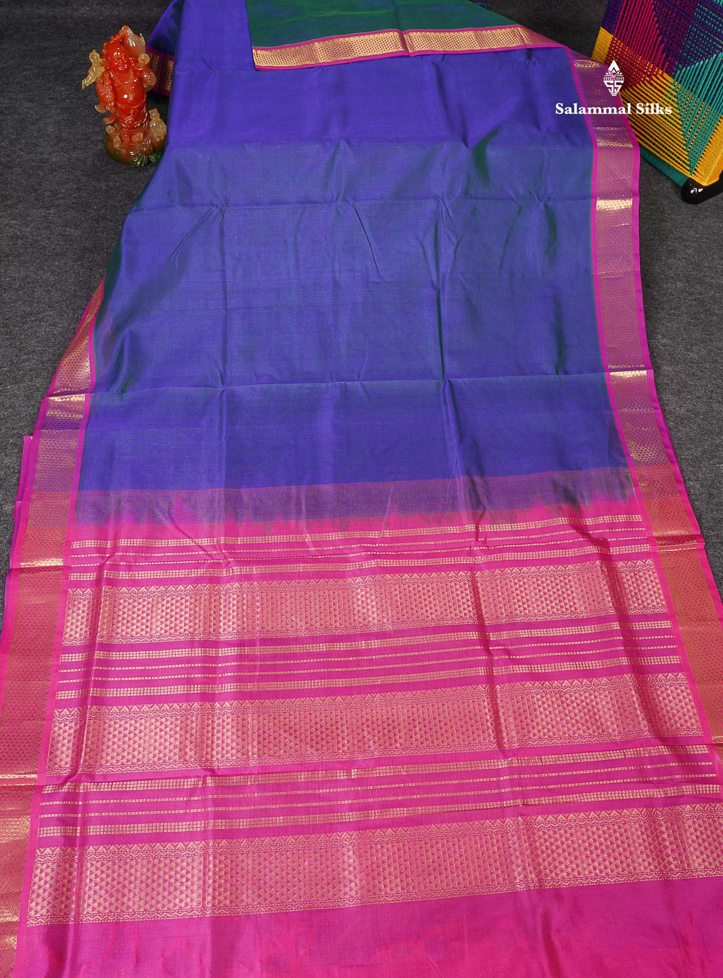 Full View Of Dual Tone Peacock Blue  Pure Silk Cotton Saree 