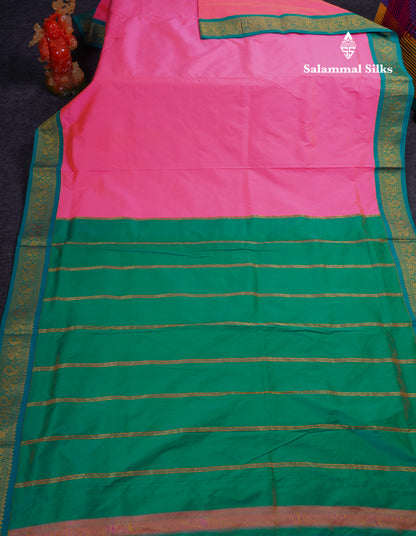 11 Yards Plain Semi Silk Saree Pink with Contrast Peacock Green Traditional Border