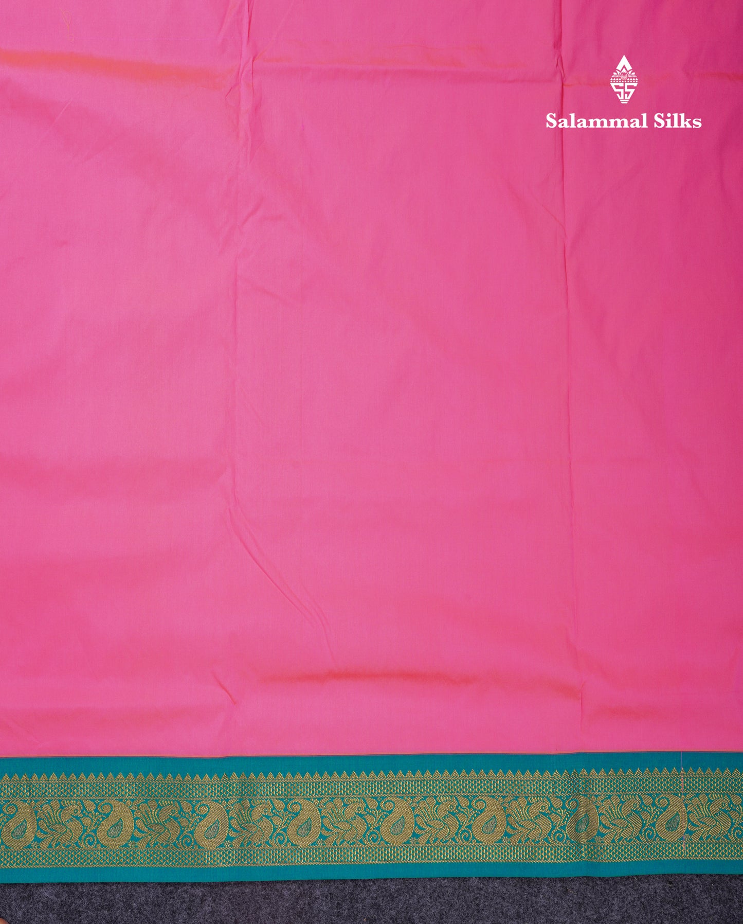 11 Yards Plain Semi Silk Saree Pink with Contrast Peacock Green Traditional Border