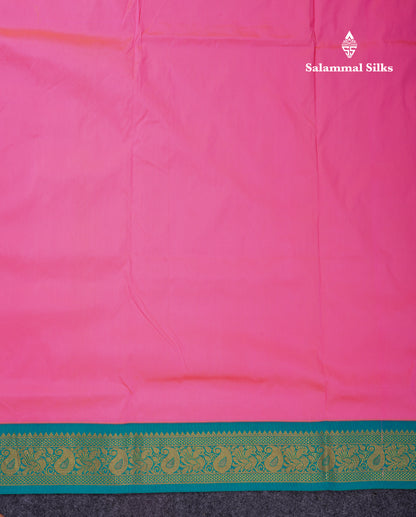 11 Yards Plain Semi Silk Saree Pink with Contrast Peacock Green Traditional Border