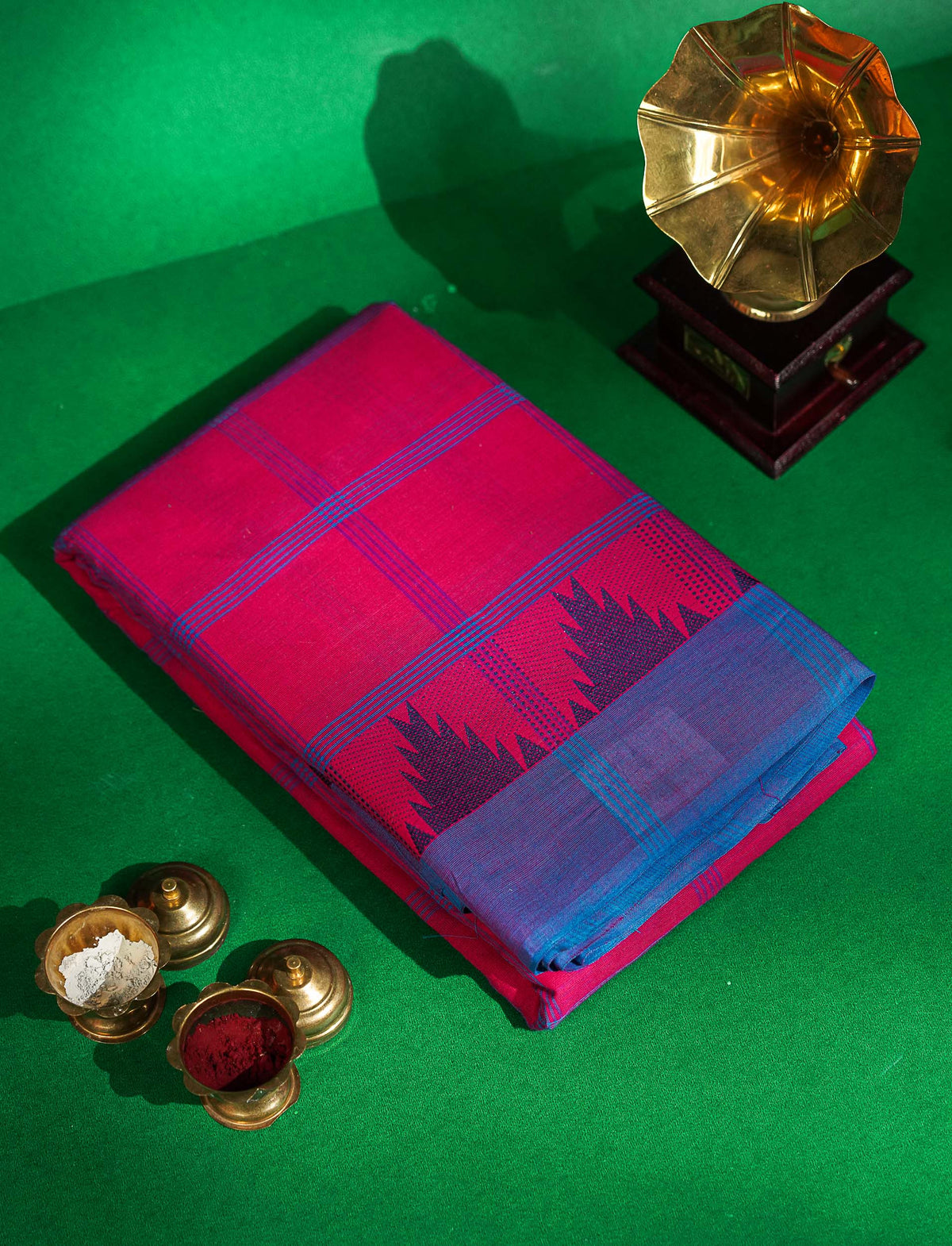 Chettinad Pure Cotton Saree - Beige Colour Body Checks With Temple Border