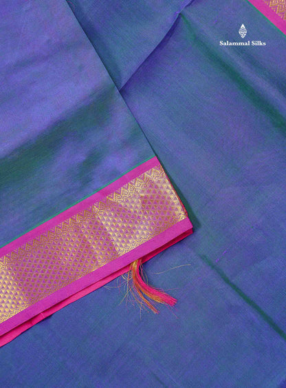 Pure Silk Cotton Saree - Dual Tone Peacock Blue Colour Body Plain With Pink Border | 10 Yards