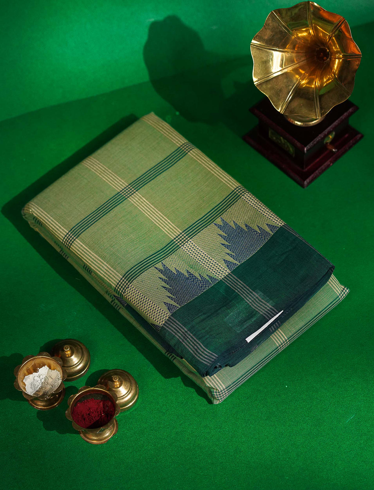 Chettinad Pure Cotton Saree - Beige Colour Body Checks With Temple Border