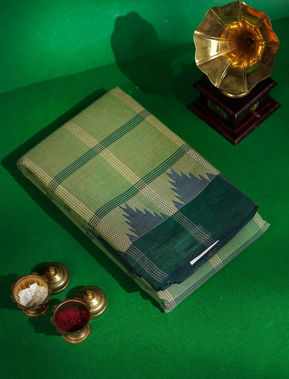 Chettinad Pure Cotton Saree - Beige Colour Body Checks With Temple Border