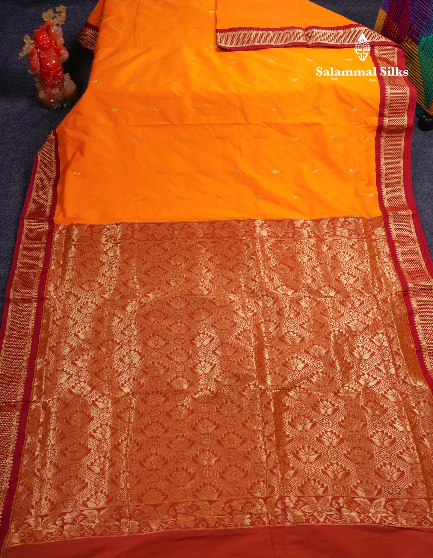 9.5 Yards Semi Silk Saree Mango Yellow With Contrast Maroon Traditional Border
