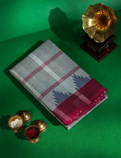 Chettinad Pure Cotton Saree - Peach Colour Body Checks With Temple Border