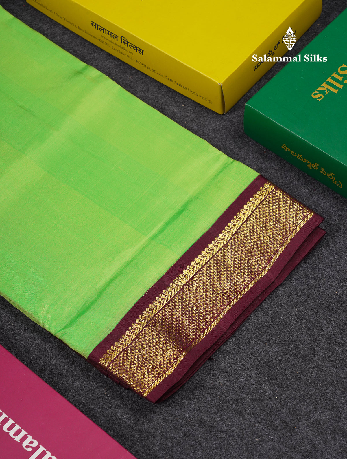 Korvai Beautiful Parrot Green 10 Yards Pure Silk Saree With (4.1 inch) Contrast Dark Brown Traditional Border