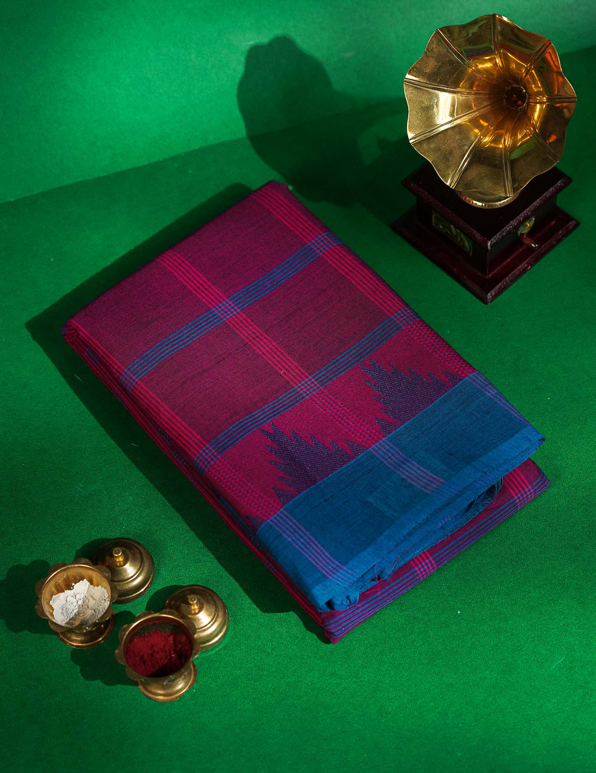 Chettinad Pure Cotton Saree - Peach Colour Body Checks With Temple Border